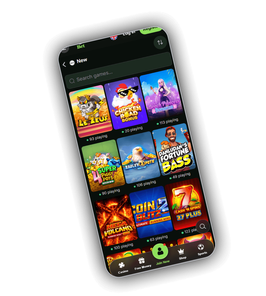 Catégorie New de RagnaBet sur un téléphone : une flèche de retour et le titre New, un champ Search games et un bouton de tri, puis une grille avec Le Zeus, Chicken Road Bonus, Beach Princess Bonanza, 4 Super Piggy Pots, Eagle's 3 Pots, Danludan's Fortune Bass, Mega Volcano, Coin Blitz 2 et Cash'n Spins 27 Plus, chacun avec le nombre de joueurs