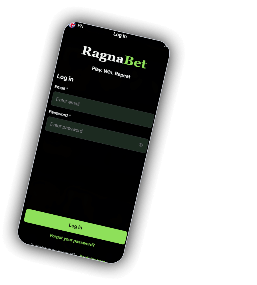 Formulaire Log in de RagnaBet sur un téléphone : un drapeau britannique avec EN, le titre Log in et une croix de fermeture, le logo RagnaBet avec la ligne Play. Win. Repeat, un champ Email avec Enter email, un champ Password avec Enter password et une icône en forme d'œil, un bouton vert citron Log in, un lien vert citron Forgot your password et la ligne Don't have an account avec Register now