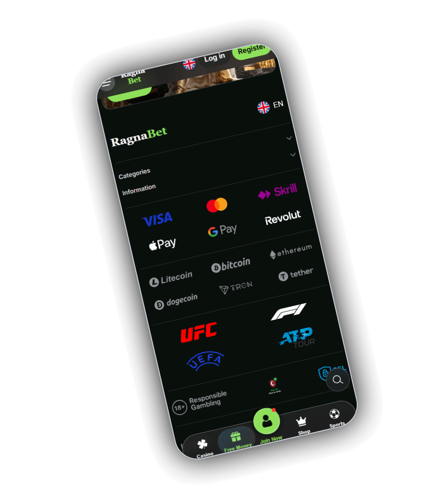 Pied de page de RagnaBet sur un téléphone : le choix de langue sur EN, le logo RagnaBet, les menus Categories et Information, les logos de paiement Visa, Mastercard, Skrill, Google Pay, Revolut, Apple Pay, Litecoin, Bitcoin, Ethereum, Tether, Tron et Dogecoin, les logos sportifs UFC, F1, ATP Tour et UEFA, un badge 18+ Responsible Gambling et un sceau Click to verify