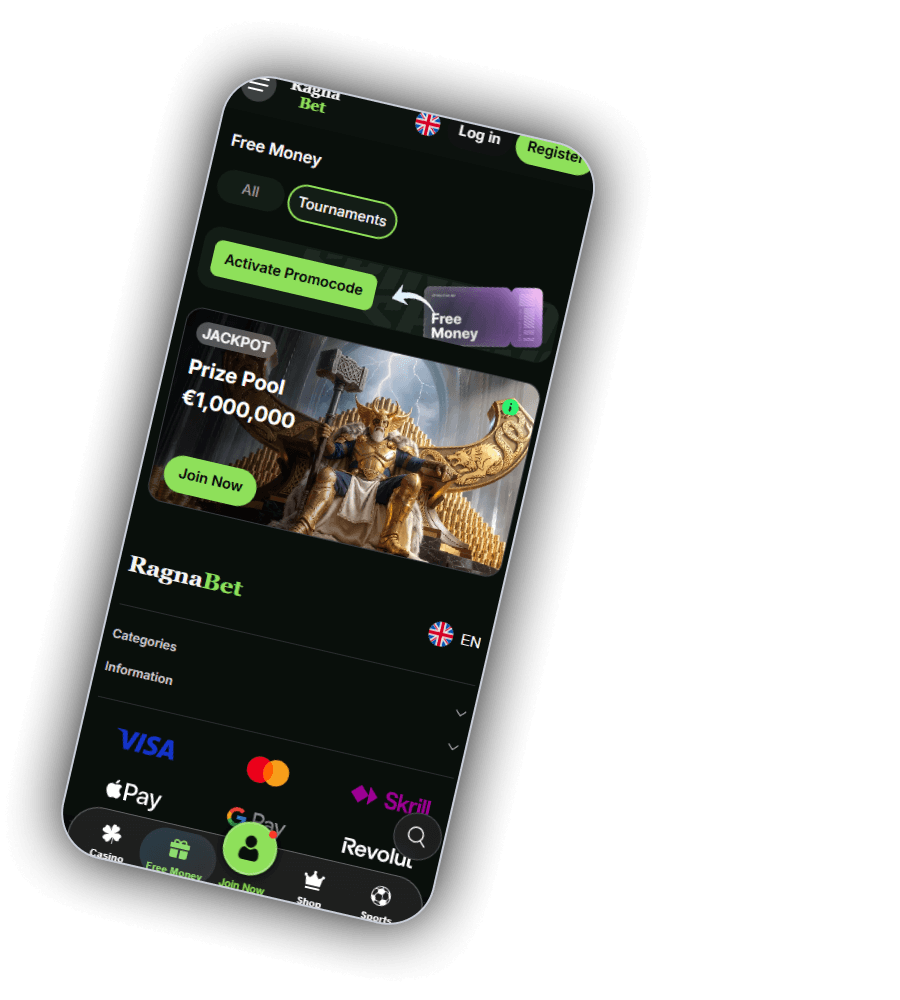 Page Free Money de RagnaBet sur un téléphone : les filtres All et Tournaments, un bouton vert citron Activate Promocode avec une flèche vers un ticket violet Free Money, et une carte JACKPOT avec Prize Pool 1 000 000 €, un bouton vert citron Join Now et un guerrier barbu en armure dorée tenant un marteau sur un trône doré, suivis du pied de page RagnaBet