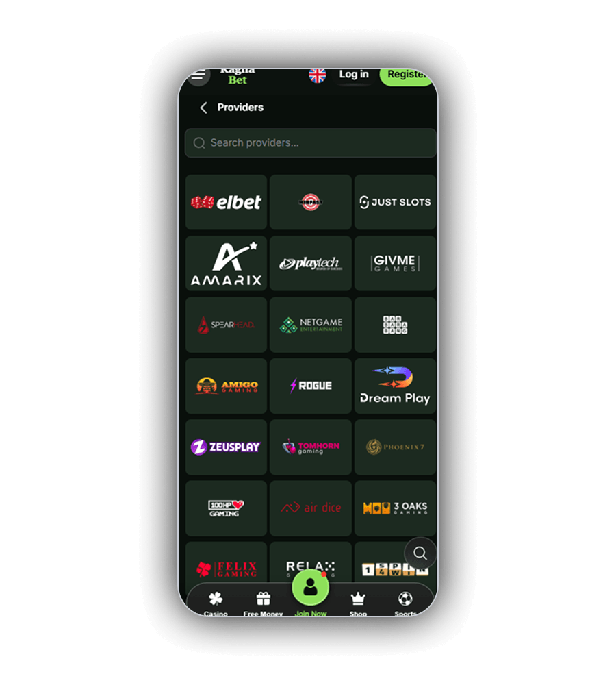 Écran Providers de RagnaBet sur un téléphone : une flèche de retour, le titre Providers et un champ Search providers, puis une grille de logos de studios, dont elbet, Winfast, Just Slots, Amarix, Playtech, Givme Games, Spearhead, NetGame Entertainment, Bar Bara Bang, Amigo Gaming, Rogue, Dream Play, Zeusplay, Tom Horn Gaming, Phoenix7, 100HP Gaming, Air Dice, 3 Oaks Gaming, Felix Gaming, Relax Gaming et 1Spin4Win