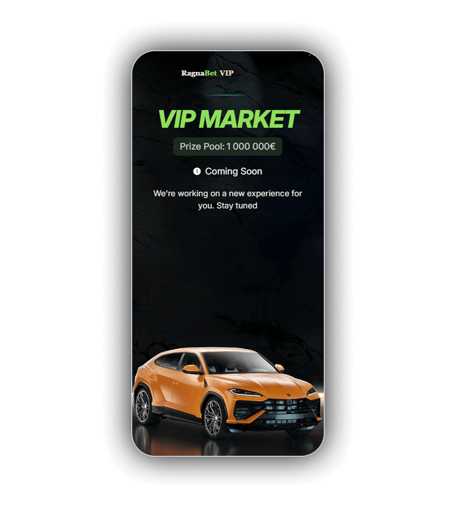 VIP Market de RagnaBet sur un téléphone : l'en-tête RagnaBet VIP, le titre VIP MARKET en grandes lettres italiques vert citron, un badge Prize Pool 1 000 000 €, un simple panneau sombre et un SUV sportif orange en bas de l'écran